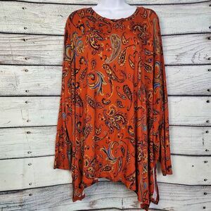 Maurices 24/7 Women’s Plus Size 4X Paisley Print Tunic Top Orange Long Sleeve So